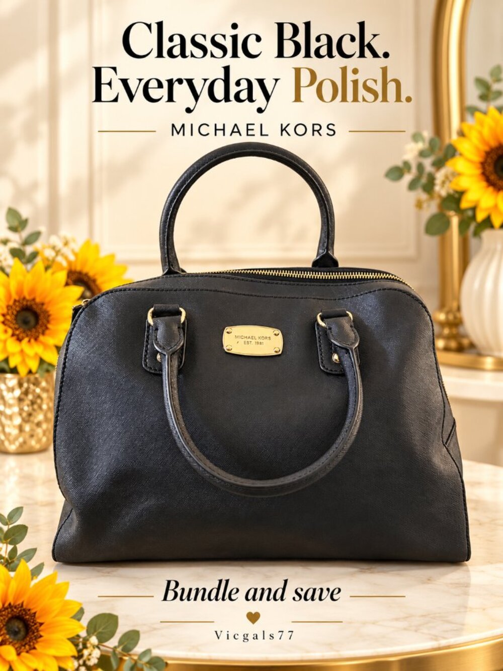 Michael Kors Black Saffiano Leather Large Satchel Gold Hardware